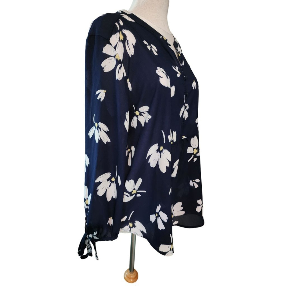 Liz Claiborne XL Navy Blue Floral Blouse Long Sleeve Tie Cuffs Button Front Boho - Picture 2 of 13